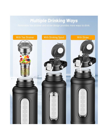 Botella de Agua de Vidrio Nefeeko 1500 ml con Pajilla y Funda