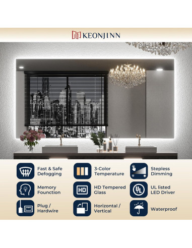 Espejo de Baño Iluminado LED Keonjinn 91x71 cm 3 Colores
