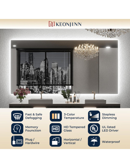Espejo de Baño Iluminado LED Keonjinn 91x71 cm 3 Colores