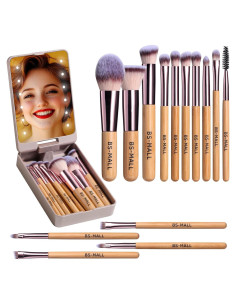 Conjunto de Brochas de Maquillaje BS-MALL 14 Pcs con Espejo LED