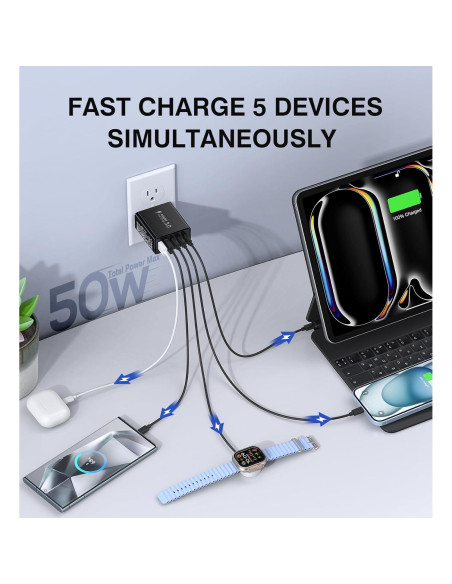 Cargador de pared USB C 50W Qwinjwin 5 Puertos Negro