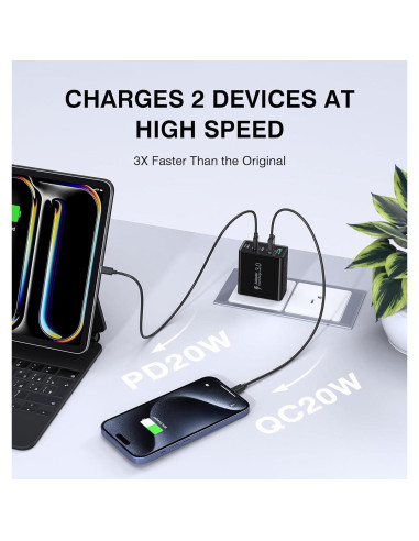 Cargador de pared USB C 50W Qwinjwin 5 Puertos Negro