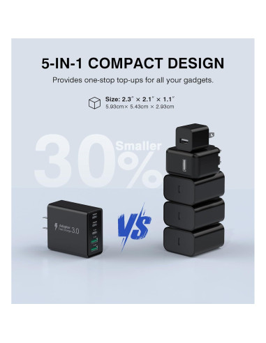 Cargador de pared USB C 50W Qwinjwin 5 Puertos Negro