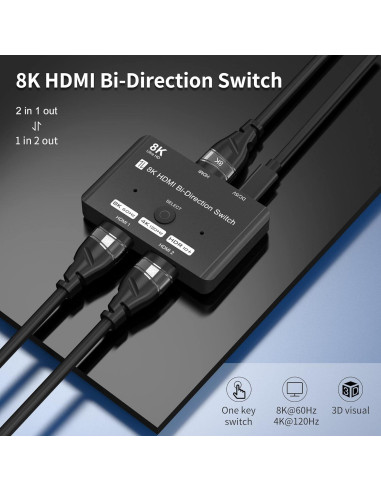 Interruptor HDMI 2.1 Bi-Direccional 8K Y.D.F 2 en 1 Salida