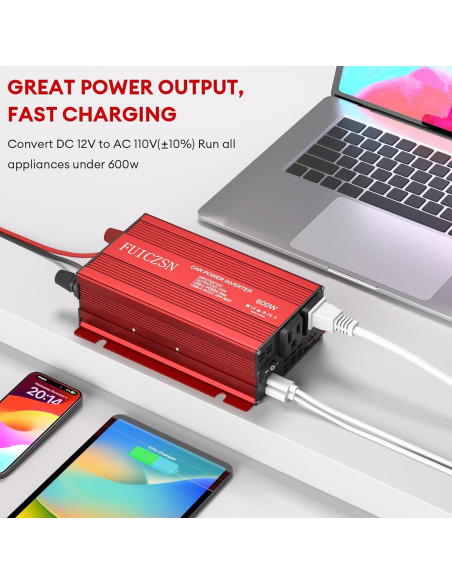 Inversor de Potencia de Coche 600W FUICZSN 12V a 110V AC