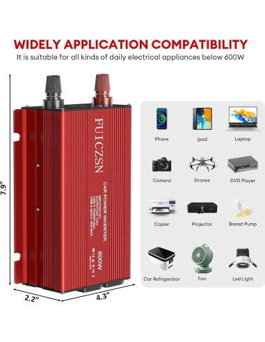 Inversor de Potencia de Coche 600W FUICZSN 12V a 110V AC