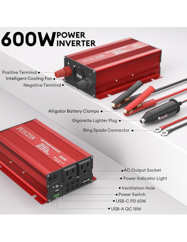 Inversor de Potencia de Coche 600W FUICZSN 12V a 110V AC