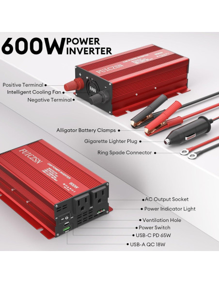 Inversor de Potencia de Coche 600W FUICZSN 12V a 110V AC