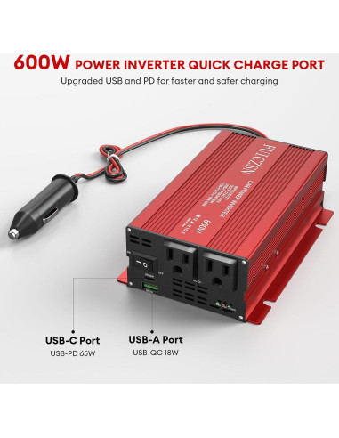 Inversor de Potencia de Coche 600W FUICZSN 12V a 110V AC