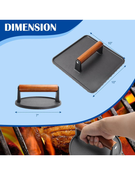 Prensa de Tocino y Hamburguesa de Hierro Fundido 10" y 7"