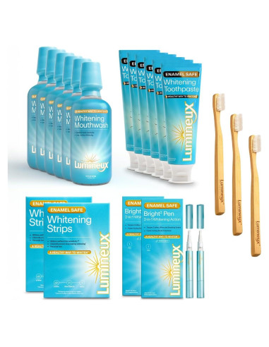 Kit de Blanqueamiento Dental Lumineux - 6 Pastas, 6 Enjuagues, 2 Tiras, 2 Bolígrafos - Sin Sensibilidad