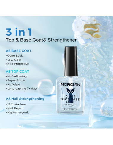 Morovan Endurecedor de Uñas 3 en 1 - Tratamiento Secado Rápido