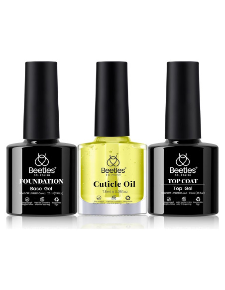 Conjunto Gel Base y Top Coat + Aceite Cutículas Beetles 3Pcs