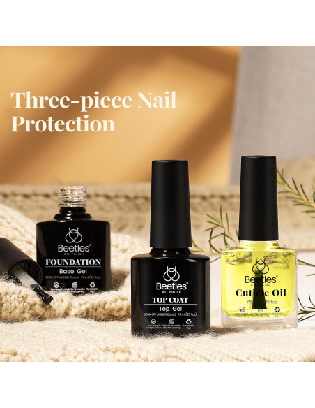 Conjunto Gel Base y Top Coat + Aceite Cutículas Beetles 3Pcs