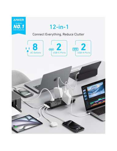 Regleta de Enchufes Anker A91F4 12-en-1 USB-C 35W 1.52m