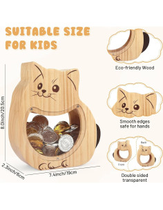 Banco de Dinero de Madera Foyucool Gato Personalizado 22.5x19.9cm 2