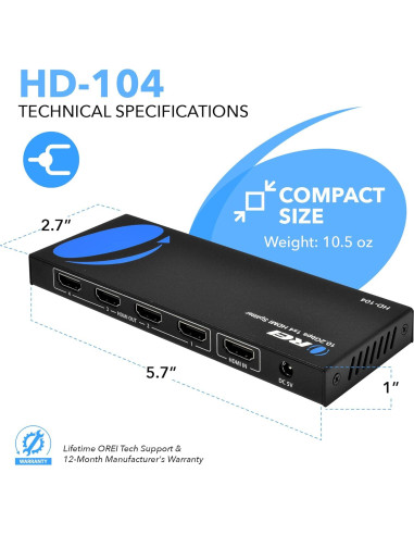 Divisor HDMI 1x4 OREI HD-104 4K@30Hz Compacto Plug & Play