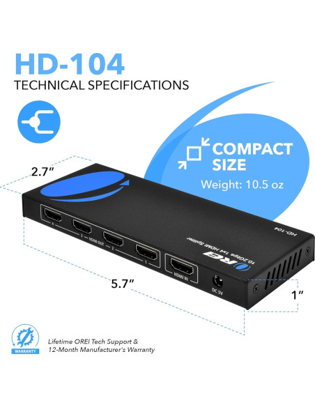 Divisor HDMI 1x4 OREI HD-104 4K@30Hz Compacto Plug & Play