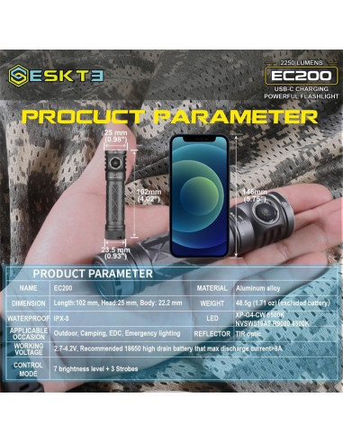 Linterna LED Recargable SKILHUNT EC200 2250 Lúmenes USB-C