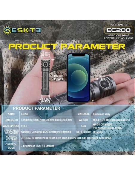 Linterna LED Recargable SKILHUNT EC200 2250 Lúmenes USB-C Linterna LED Recargable SKILHUNT EC200 2250 Lúmenes USB-C