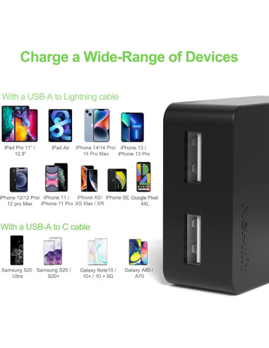 Cargador de pared USB Nekmit Slim 2 Puertos 12W Negro