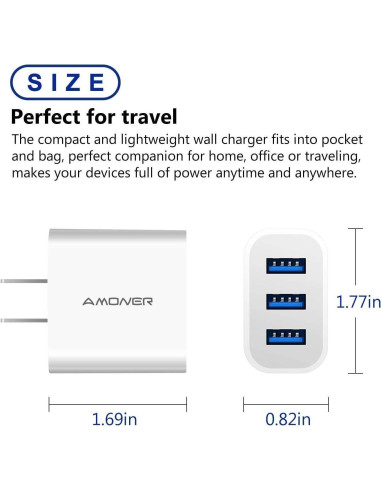 Cargador de Pared USB Amoner 15W 3 Puertos Carga Rápida