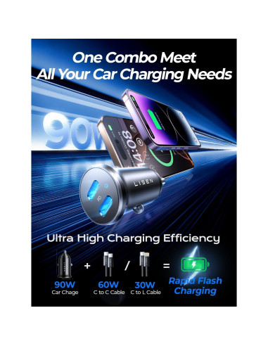 Cargador de Coche USB C LISEN 90W Carga Rápida Dual 45W