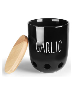 Contenedor de Ajo Cerámica HAOTOP con Tapa de Madera Negro