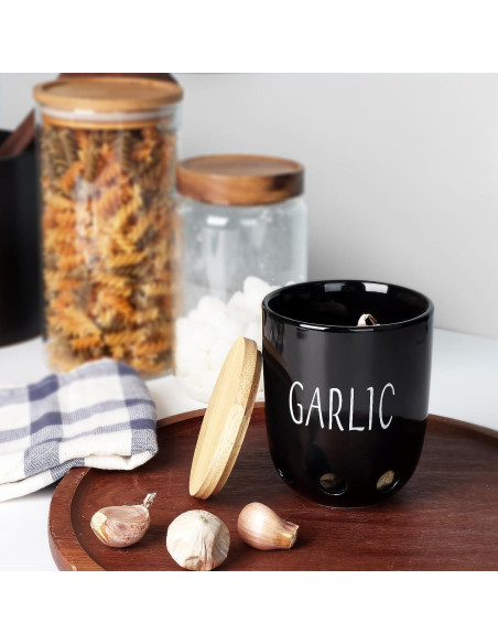 Contenedor de Ajo Cerámica HAOTOP con Tapa de Madera Negro