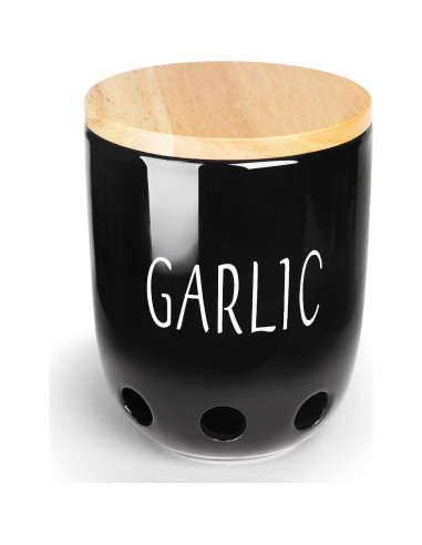 Contenedor de Ajo Cerámica HAOTOP con Tapa de Madera Negro