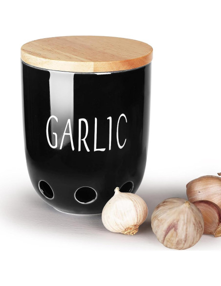 Contenedor de Ajo Cerámica HAOTOP con Tapa de Madera Negro