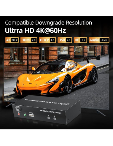 Interruptor KVM 2 Monitores LUKFOCAB 4K HDMI DP USB 2.0