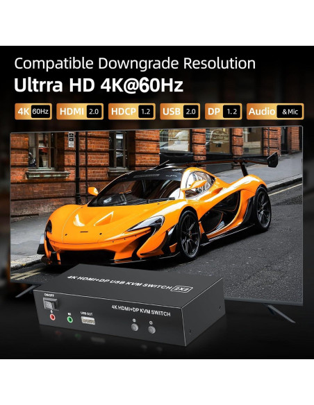 Interruptor KVM 2 Monitores LUKFOCAB 4K HDMI DP USB 2.0