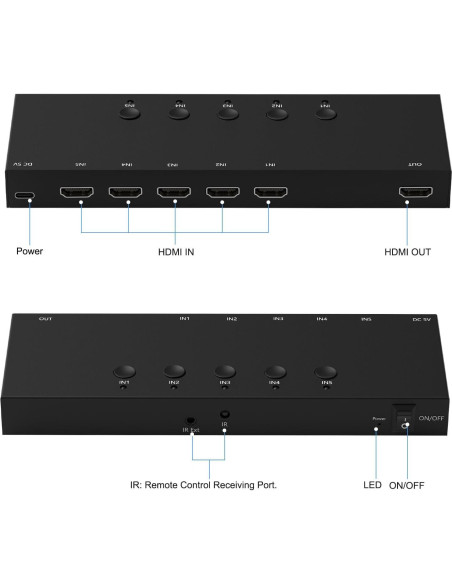 Conmutador HDMI 5 Puertos 4K 60Hz RuiPuo Selector con Control Remoto