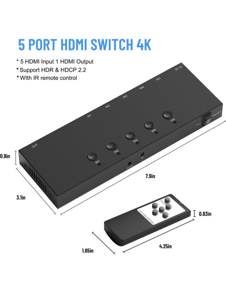 Conmutador HDMI 5 Puertos 4K 60Hz RuiPuo Selector con Control Remoto