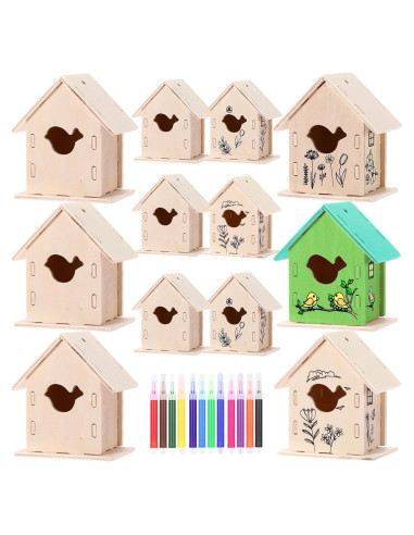 Kit de Manualidades para Niños - 12 Casas de Madera DIY