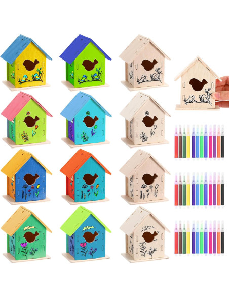Kit de Manualidades para Niños - 12 Casas de Madera DIY