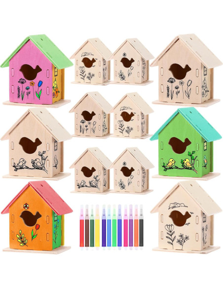 Kit de Manualidades para Niños - 12 Casas de Madera DIY