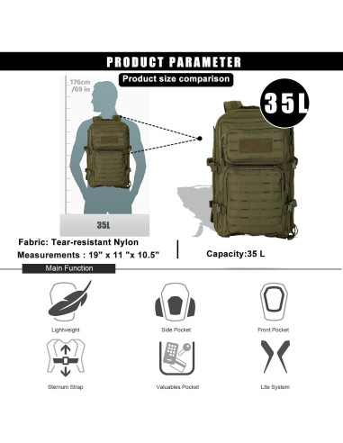 Mochila Táctica Militar 35L Verde Resistente al Agua MOLLE
