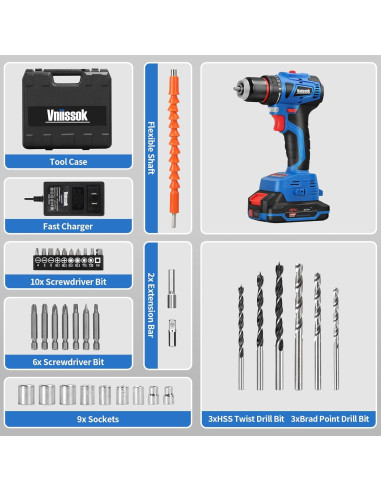 Taladro Inalámbrico Vniissok 18V con Luz LED y Accesorios