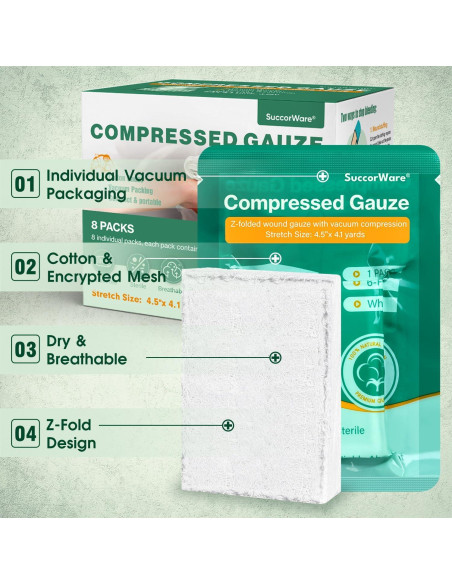 8 Paquetes de Gasa Comprimida Estéril SuccorWare 11.43 cm x 3.81 m