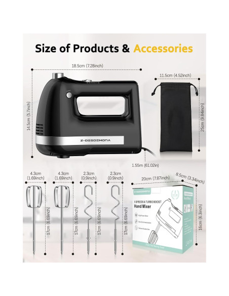 Mezclador de Mano Eléctrico Z-DESDEMONA 300W 5 Velocidades Turbo