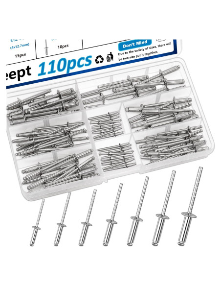 Kit de Remaches de Acero Inoxidable 304 - 110 Piezas 7 Tamaños