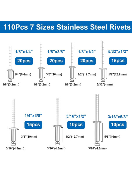 Kit de Remaches de Acero Inoxidable 304 - 110 Piezas 7 Tamaños