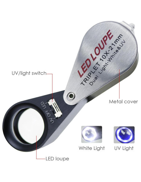 Lupa de bolsillo TEKCOPLUS 10x con luz UV y LED