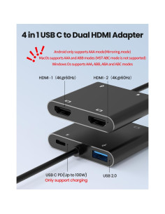 Adaptador USB-C a Doble HDTV Fophmo 4K 60Hz 100W Carga Rápida 2