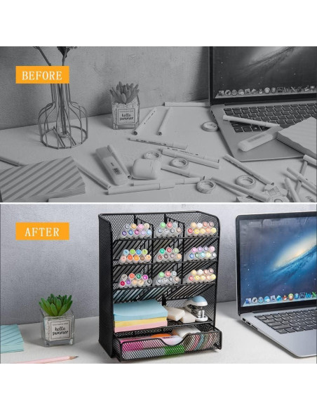 Organizador de Escritorio Spacrea Metal Negro con Cajón