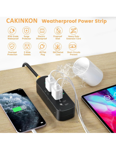Regleta de Enchufes Impermeable CAKINKON 3 Salidas 1625W