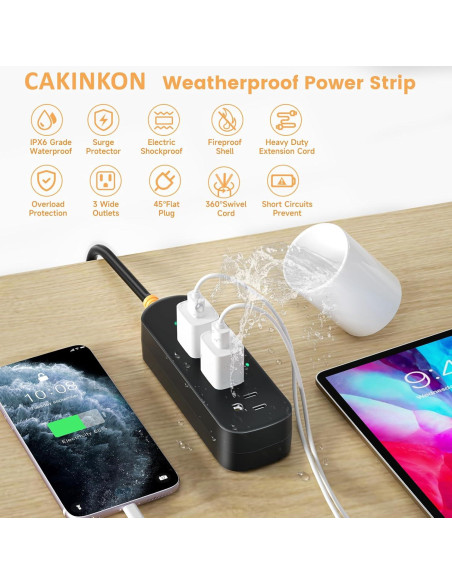 Regleta de Enchufes Impermeable CAKINKON 3 Salidas 1625W
