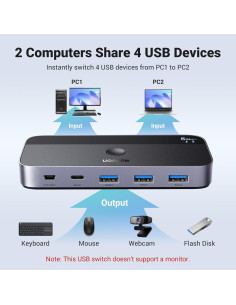 Interruptor USB 3.0 UGREEN 4 Puertos para 2 PCs - Negro 2